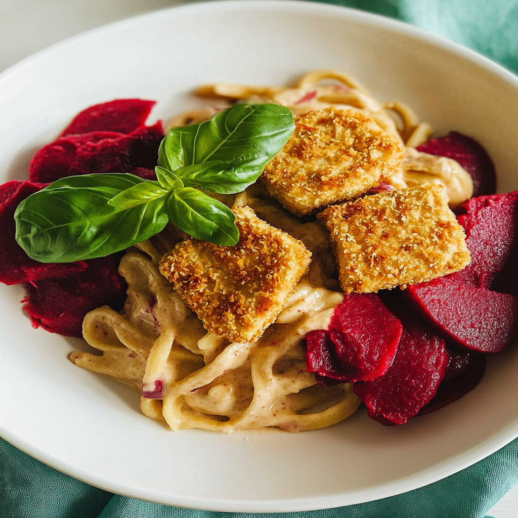 Crispy Tofu Hearts with Beet Fettuccine Alfredo and Almond Ricotta